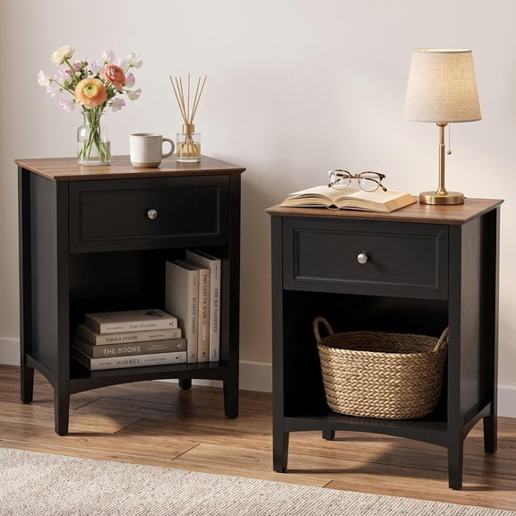 VITALOOM Black 26" Tall Farmhouse Nightstand, 1 Drawer & Shelf Bedside Table, Rich two-tone pair combines walnut-tone tops, wood-grain bodies, framed drawer fronts, round knobs