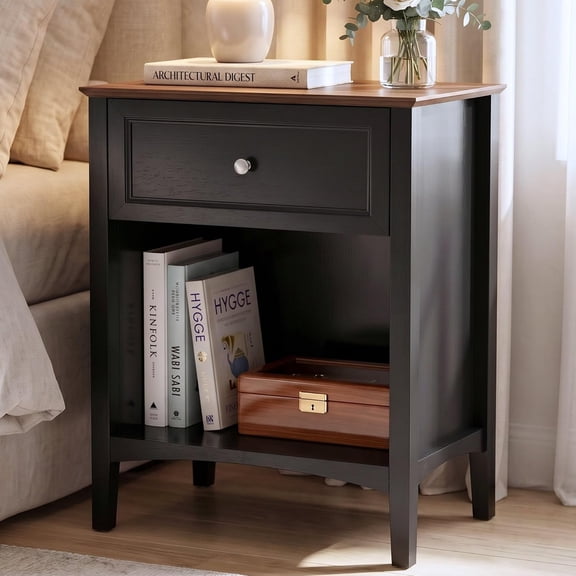 VITALOOM Black 26" Tall Farmhouse Nightstand, 1 Drawer & Shelf Bedside Table, Rich two-tone styling pairs a walnut-tone top and wood-grain body with framed drawer front, round knob