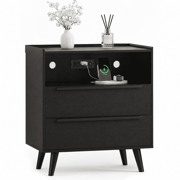 VITALOOM Black Nightstand with Charging Station, 2-Drawer Bedside Table with Tray Top & Open Shelf, End Table for Bedroom