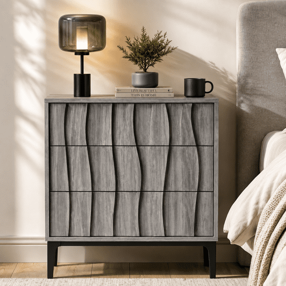 VITALOOM Gray Oak Nightstand, 3-Drawer Bedside Table, 3D Wave Front, Push-Open, Metal Legs