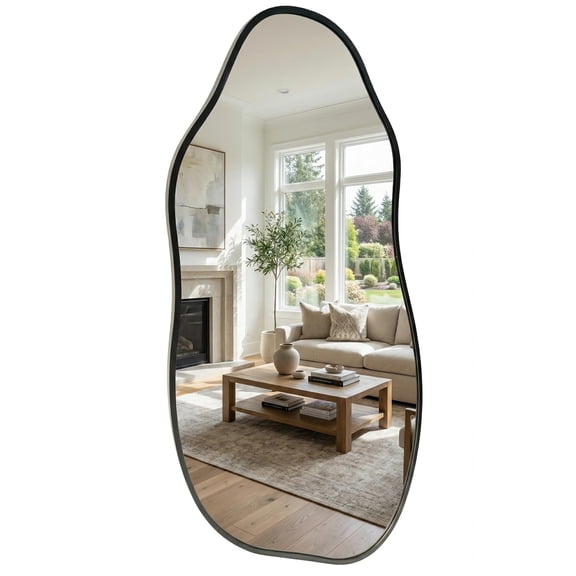 VITALOOM Irregular Wall Mirror 30"x16.5", Small Asymmetrical Mirror for Wall Decor, Matte Black Rust Proof Aluminum, Tempered Glass Wavy Mirror for Powder Room, Entryway & Aesthetic Bedroom