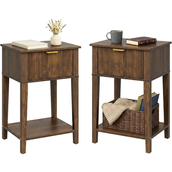 VITALOOM Narrow Nightstands Set of 2 for Small Spaces, 12" Deep x 15.4" Slim Bedside Tables with Drawer & Shelf, Rustic Mid-Century End Tables for Apartment - Walnut