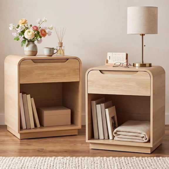 VITALOOM Small 1-Drawer Nightstand Set of 2 with Open Shelf, Natural Oak, Matching 18.8"W x 24"H tables give each side a drawer and 13.7"H open cubby for books, baskets and bedside essentials.
