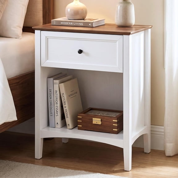 VITALOOM White 26" Tall Farmhouse Nightstand, 1 Drawer & Shelf Bedside Table, Soft two-tone styling pairs a walnut-tone top and wood-grain body with framed drawer front, round knob