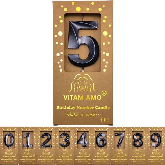 VITAM AMO 6" 3D Number 5 Birthday Candle, Metallic Black