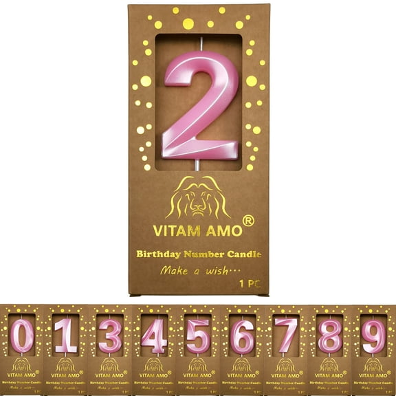 VITAM AMO Hot Pink 3D Number 2 Birthday Candle, Large Size, Metallic Luster