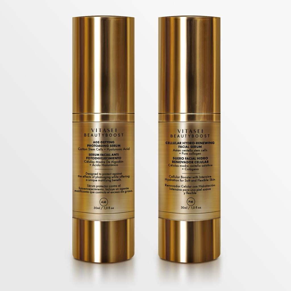 VITASEI AM + PM Beauty Boost Anti-Photoaging Day Facial Serum & Hydro-Renewing Night Facial Serum W/Stem Cells, Hyaluronic Acid, Collagen, Hydrating Face Oil Moisturizer, 30 ml + 30 ml