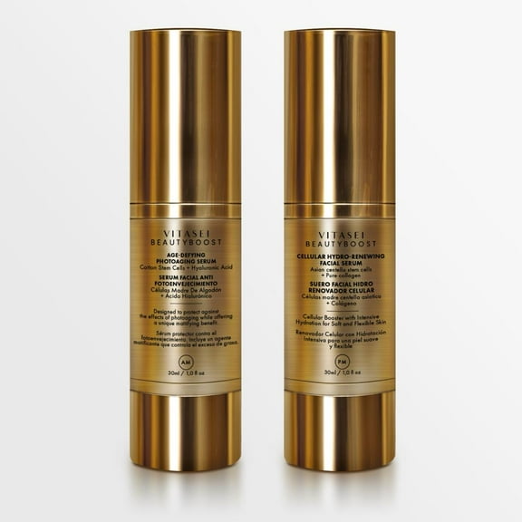 VITASEI AM + PM Beauty Boost Anti-Photoaging Day Facial Serum & Hydro-Renewing Night Facial Serum W/Stem Cells, Hyaluronic Acid, Collagen, Hydrating Face Oil Moisturizer, 30 ml + 30 ml