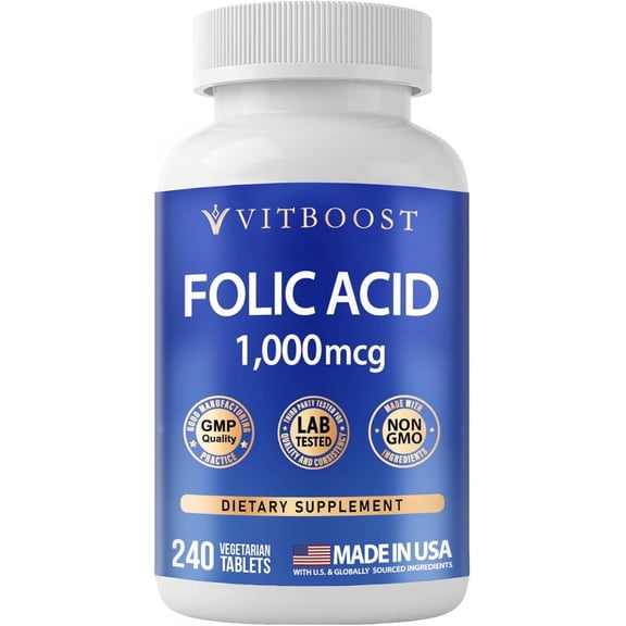 VITBOOST Folic Acid 1000 mcg (1667 mcg DFE) 240 Tablets Vitamin B9 Supplement Non-GMO, Lab Tested, Made in USA, Vegetarian, Supports Overall Wellness & Daily Nutrition