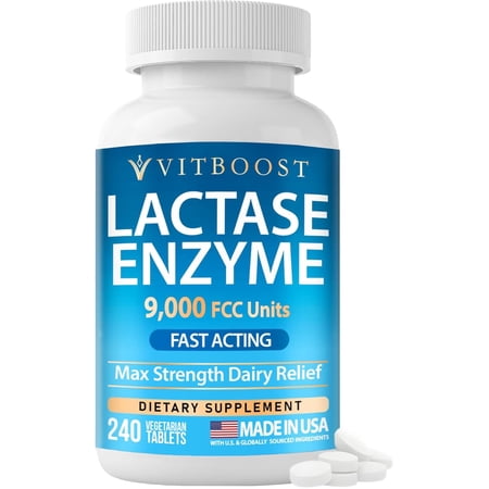 VITBOOST Lactase Enzyme 9,000 FCC Units - Lactose Intolerance Relief - 240 Fast Acting Tablets - Max Strength Dairy Relief Supplement - Vegetarian, Non-GMO, Made in USA