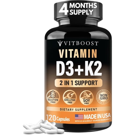 VITBOOST Vitamin D3 K2 Complex - Easy to Swallow - Vitamin D (D3) 5000 IU (125 mcg) & K2(MK-7) 90 mcg | Non-GMO | Gluten-Free | USA Made | 120 Capsules