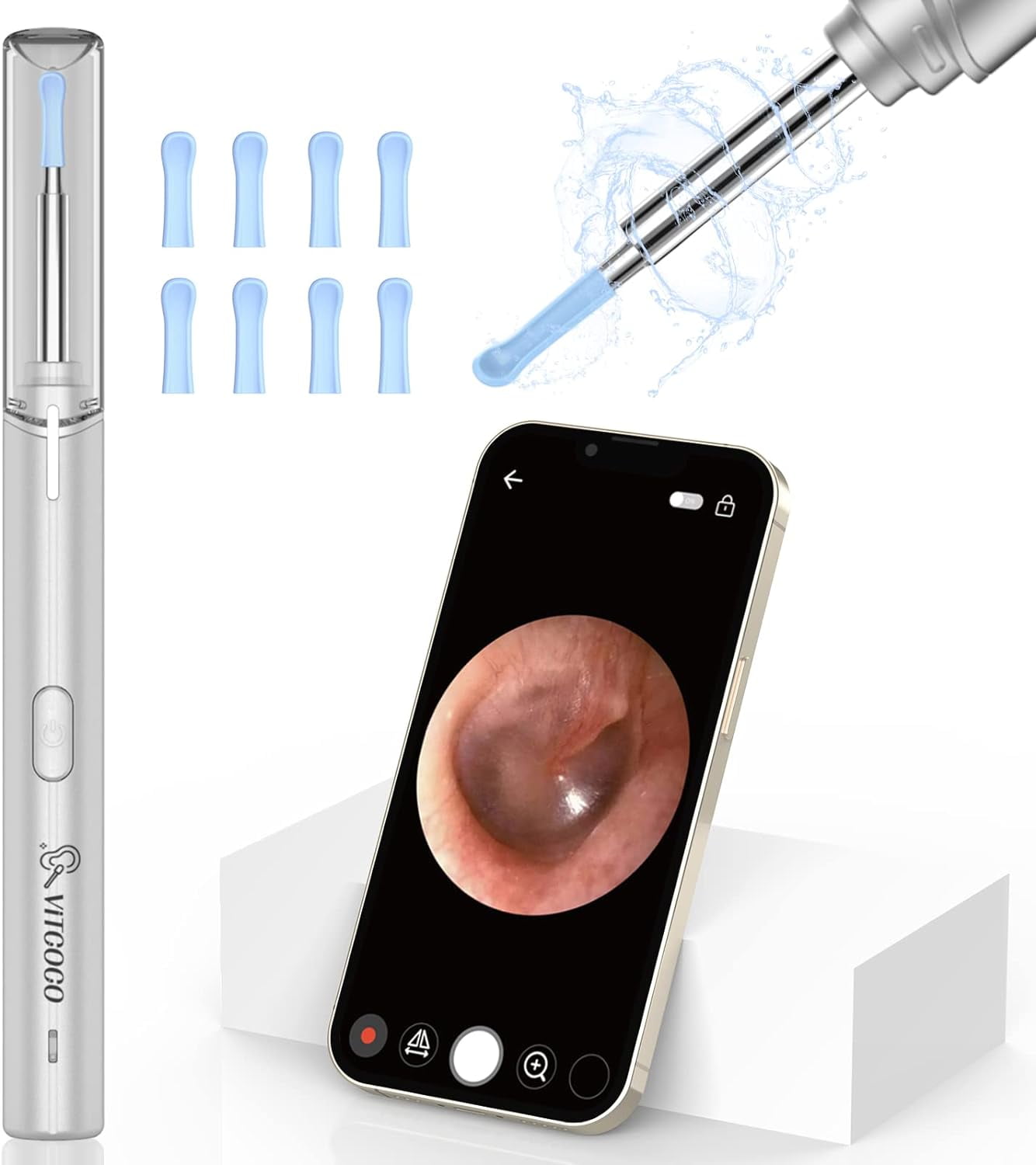 VITCOCO Smart Otoscope Ear Wax Remover with 1920P HD Camera, 4 Cleaning Kits IP67, 3.9mm, WiFi