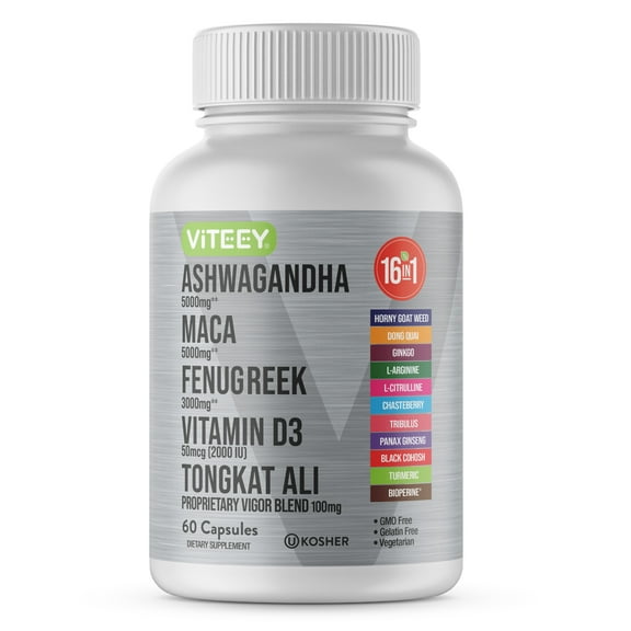 VITEEY 16 in 1 Fenugreek Maca Root and Ashwagandha Capsules, Calm, Relax, and Mood Booster, 60 Count