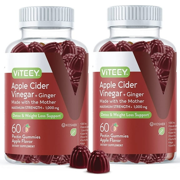 VITEEY Apple Cider Vinegar Gummies and Ginger, Detox and Cleanse, Apple Flavor, 60 Count, 2 Pack