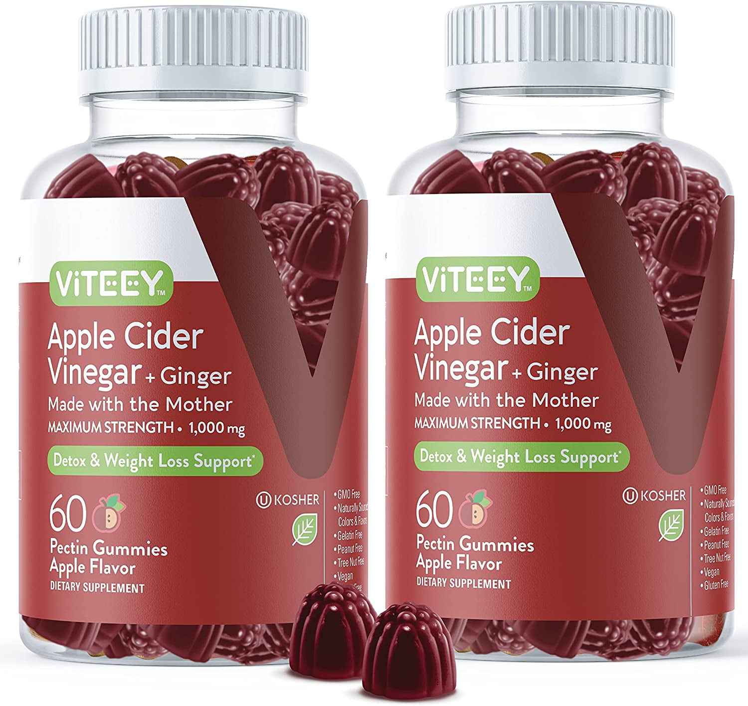 VITEEY Apple Cider Vinegar Gummies and Ginger, Detox and Cleanse, Apple Flavor, 60 Count, 2 Pack