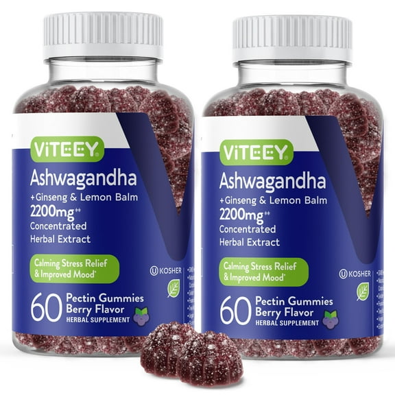 VITEEY Ashwagandha Gummies, Stress Support, Berry Flavor, 60 Count, 2 Pack