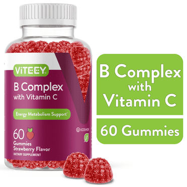 VITEEY Vitamin B Complex Gummies with Vitamin C, Energy Support, Strawberry Flavor, 60 Count, 1 Pack