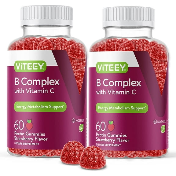 VITEEY Vitamin B Complex Gummies with Vitamin C, Energy Support, Strawberry Flavor, 60 Count, 2 Pack