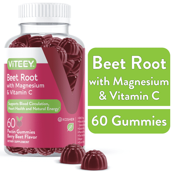 VITEEY Beet Root Gummies with Magnesium and Vitamin C, Energy and Heart Health Supplements, Berry Beet Flavor, 60 Ct
