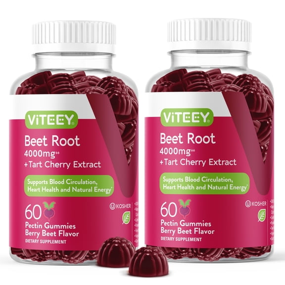 VITEEY Beet Root Gummies with Tart Cherry, Energy and Heart Health, Berry Beet Flavor, 60 Count, 2 Pack