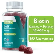 VITEEY Biotin Gummies 10,000 mcg, Hair Skin and Nails Vitamins, Raspberry Flavor, 60 Ct