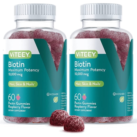 VITEEY Biotin Gummies 10,000 mcg, Hair Skin and Nails, Raspberry Flavor, 60 Count, 2 Pack