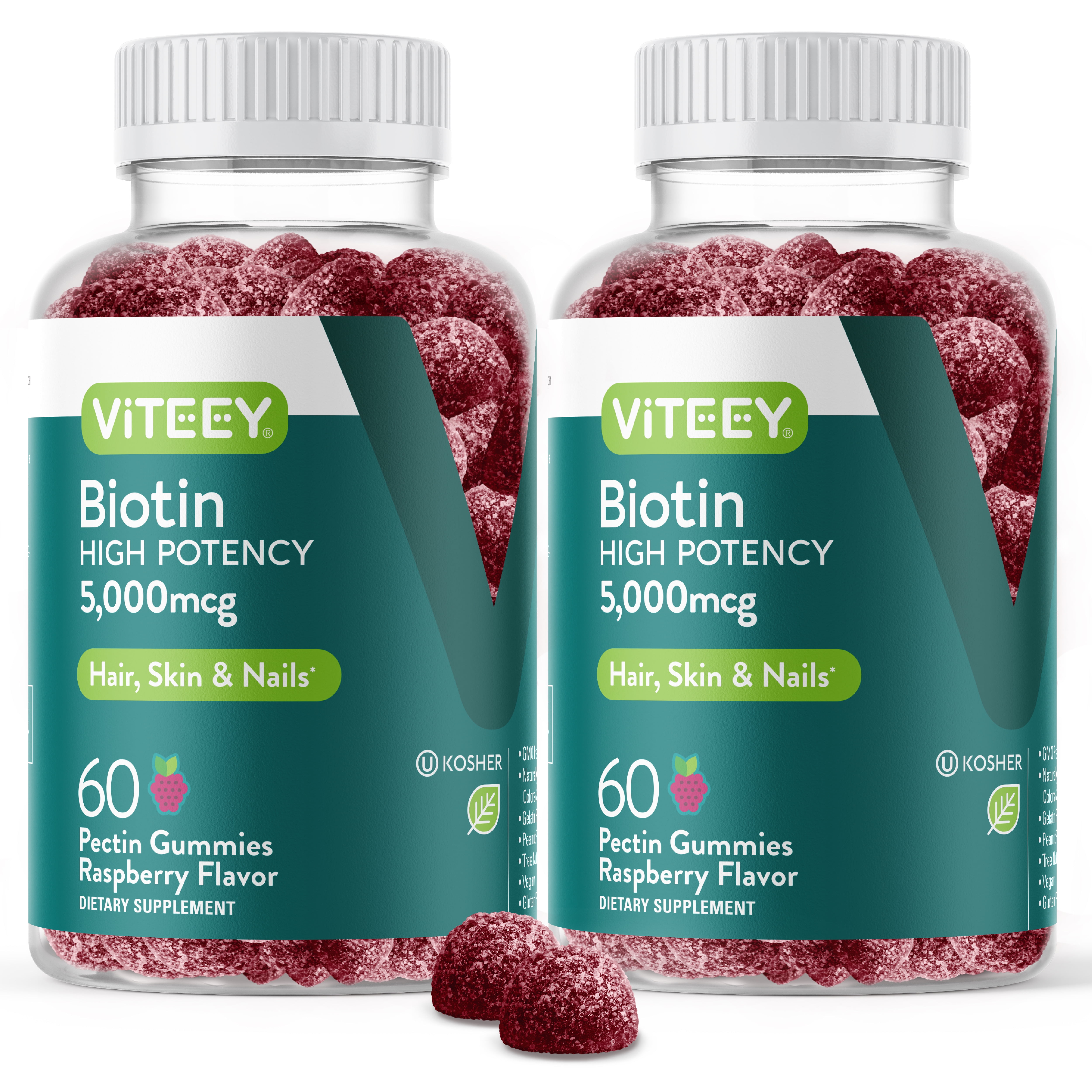 VITEEY Biotin Gummies 5,000 mcg, Hair Skin and Nails, Raspberry Flavor, 60 Count, 2 Pack
