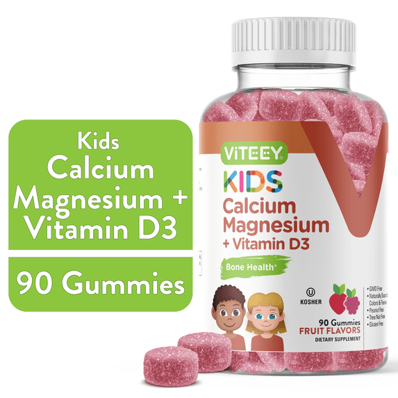 VITEEY Kids Calcium Gummies with Magnesium and Vitamin D3, Bone Health Supplements, Fruit Flavor, 90 Ct