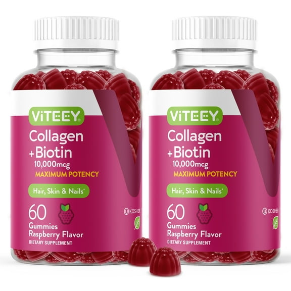 VITEEY Collagen and Biotin Gummies, Hair Skin and Nails, Raspberry Flavor, 60 Count, 2 Pack