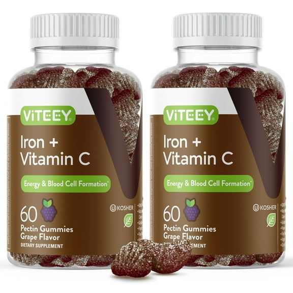 VITEEY Iron Gummies with Vitamin C 20mg, Energy & Blood Support, Grape Flavor, 60 Count, 2 Pack