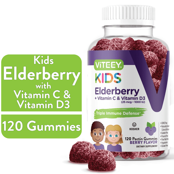 VITEEY Kids Elderberry Gummies with Vitamin C & Vitamin D3, Immune Support, Berry Flavor, 120 Ct
