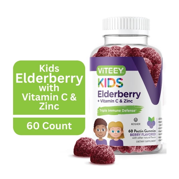 VITEEY Kids Elderberry Gummies with Vitamin C & Zinc, Immune Support, Berry Flavor, 60 Ct