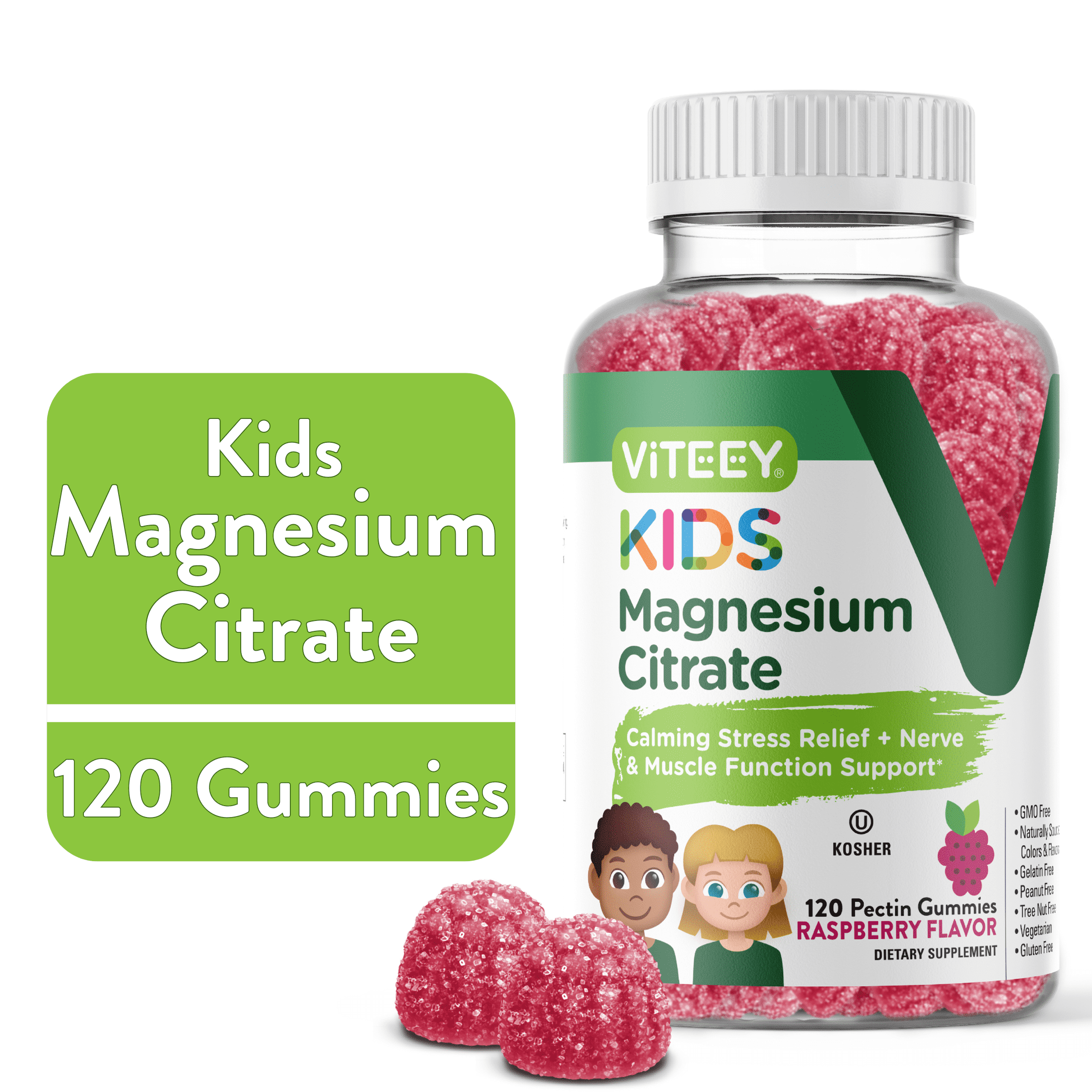 Viteey Kids Magnesium Gummies, Calm Magnesium Supplements, Raspberry Flavor, 120ct