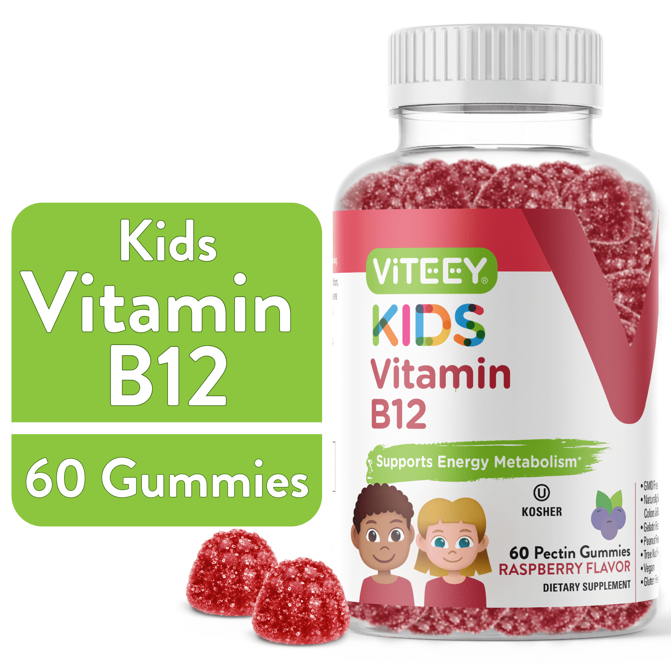 VITEEY Vitamin B12 Gummies for Kids, Energy Suppport, Raspberry Flavor, 60 Count