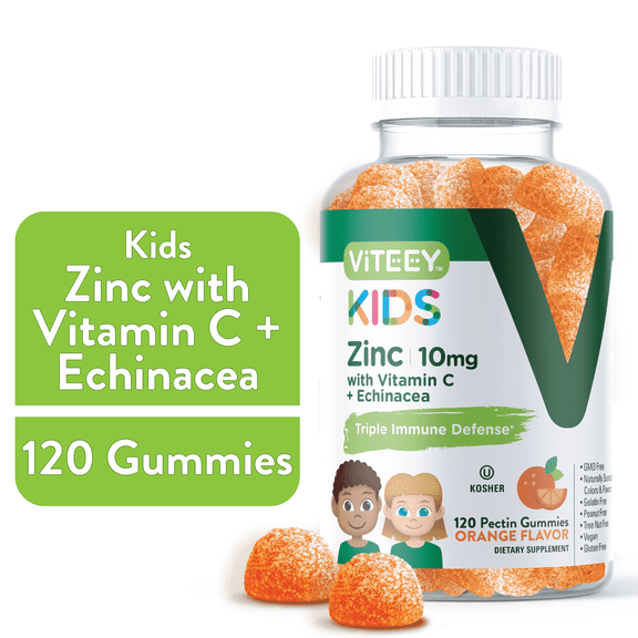 VITEEY Kids Zinc Gummies 10mg with Vitamin C and Echinacea, Kids Immune Support, Orange Flavor, 120 Ct