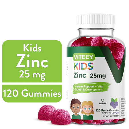 VITEEY Kids Zinc Gummies 25mg, Kids Immune Support Zinc Supplement, Berry Flavor, 120 Ct