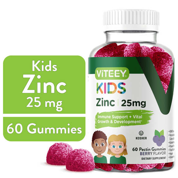 VITEEY Kids Zinc Gummies 25mg, Kids Immune Support Zinc Supplement, Berry Flavor, 60 Ct