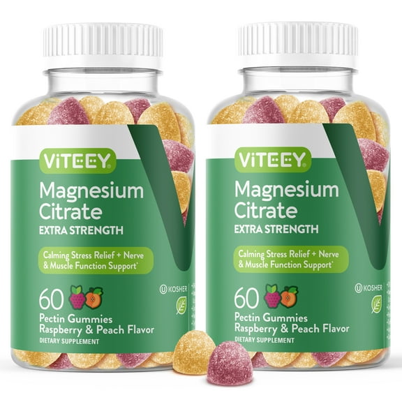 VITEEY Magnesium Gummies 170mg, Magnesium Citrate Stress Gummies, Raspberry and Peach Flavor, 60 Count, 2 Pack