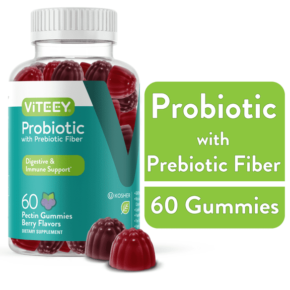 VITEEY Probiotic Gummies with Prebiotic Fiber, Gut Health & Immune Support, Berry Flavor, 60 Ct
