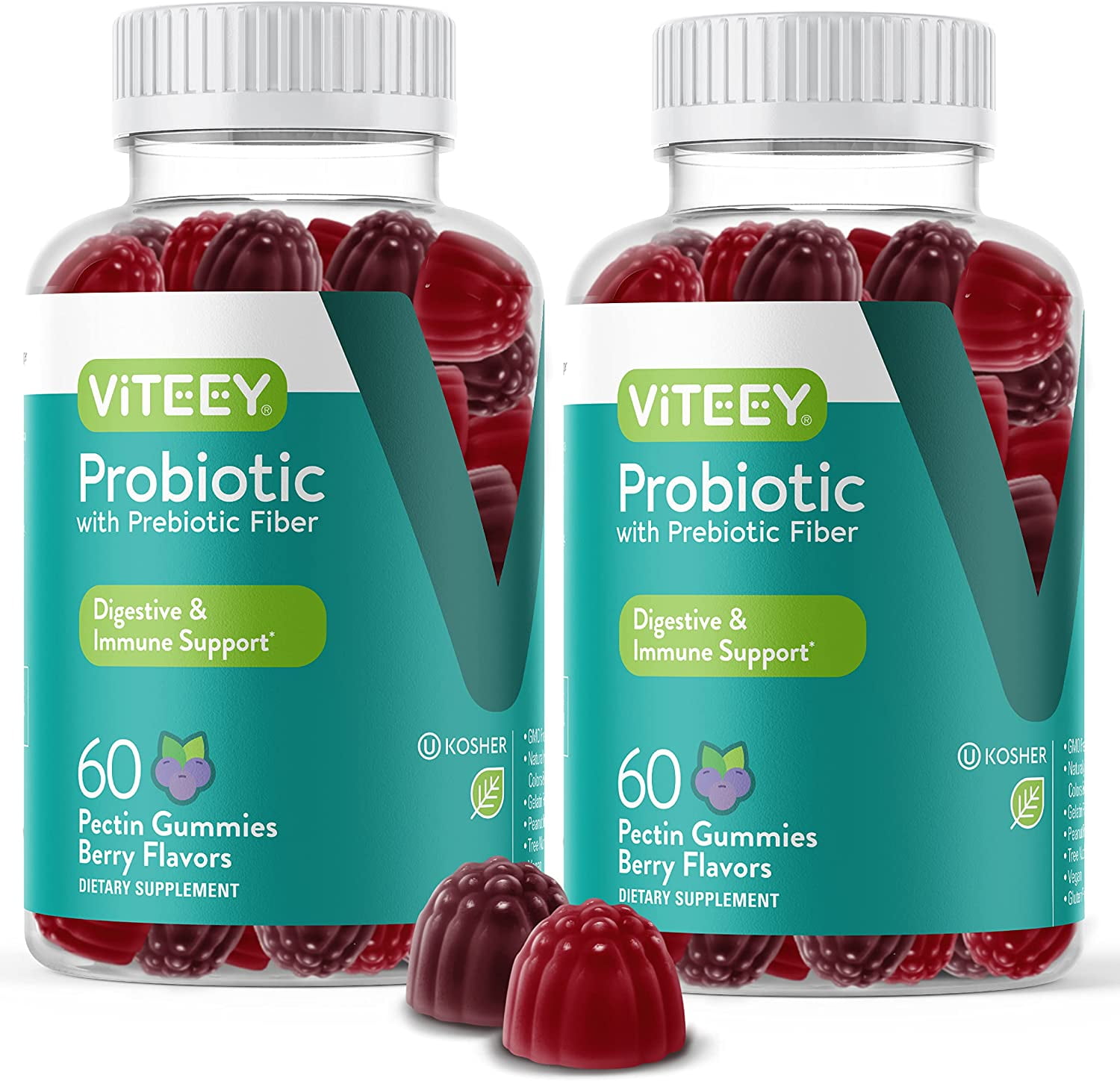 VITEEY Probiotic Gummies with Prebiotic Fiber, Gut & Immune Support, Berry Flavor 60 Count, 2 Pack