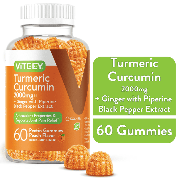 VITEEY Turmeric Curcumin Gummies with Ginger, Immune Support, Peach Flavor, 60 Ct