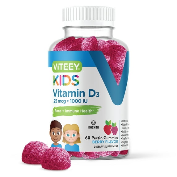 VITEEY Kids Vitamin D3 Gummies 1000 IU, Kids Immune Support and Bone Health, Berry Flavor, 60 Ct