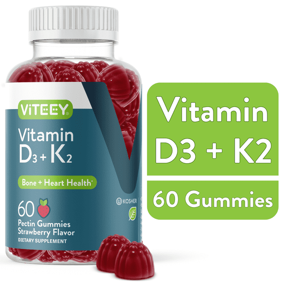 VITEEY Vitamin D3 K2 Gummies, Immune Support and Heart Health, Strawberry Flavor, 60 Ct