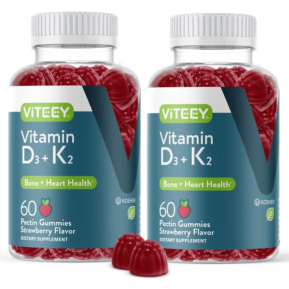 VITEEY Vitamin D3  K2 Gummies, Bone and Heart Support, Strawberry Flavor, 60 Count, 2 Pack