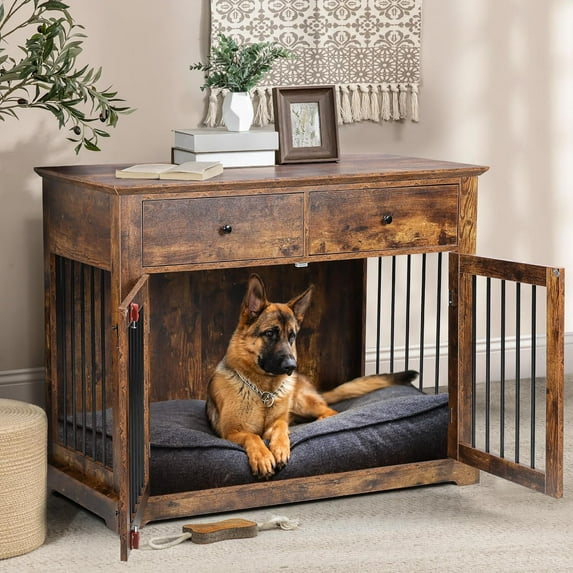 Vitesse 44 inch Large Dog Crate Furniture, Wooden Dog Kennel End Table with Storage Drawers, Decorative Pet Crates Dog House Indoor for Dogs