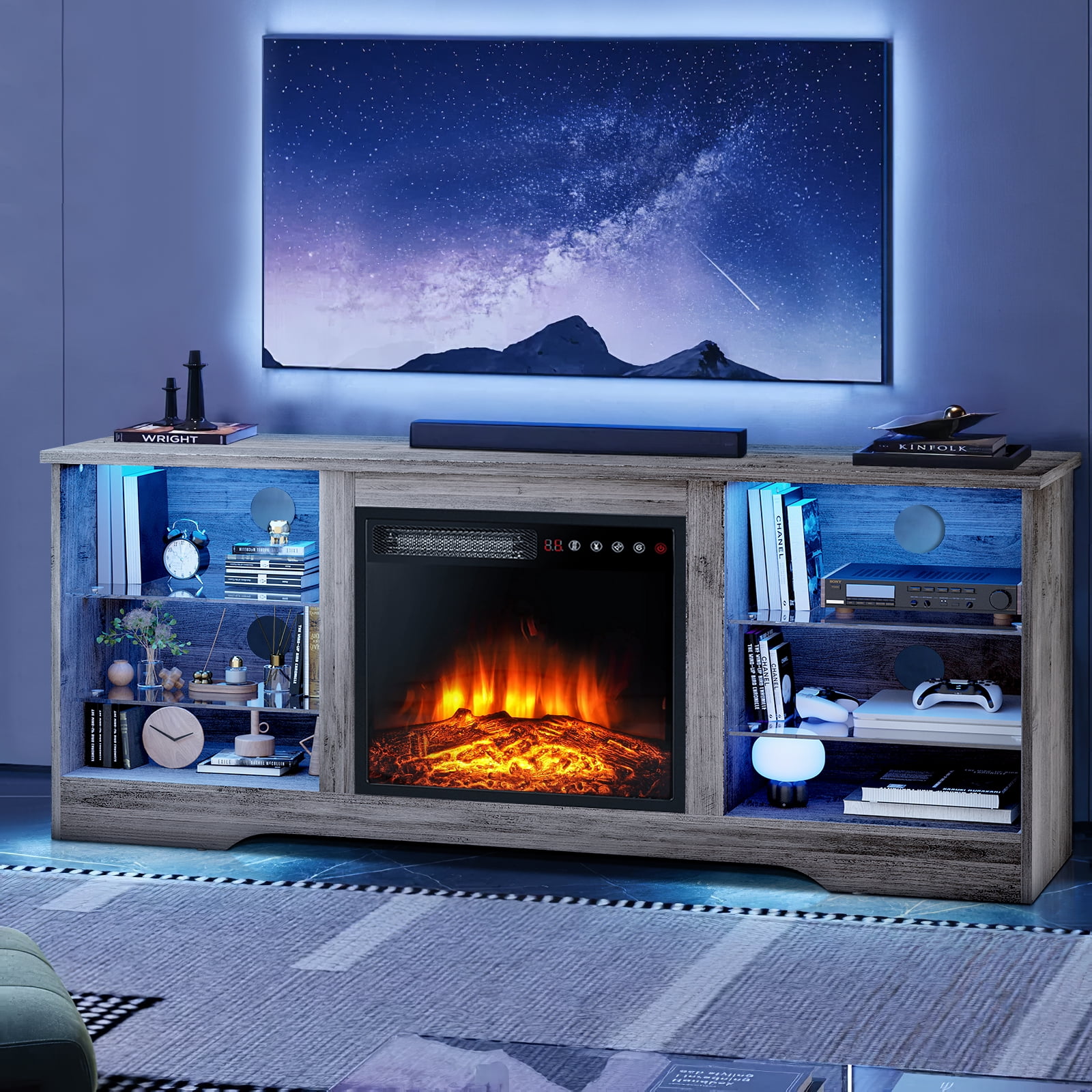 VITESSE 58 Inches TV Stand for TVs up to 65 Inches Console with 18'' Electric Fireplace  Remote, Wooden Mid Century Modern Entertainment Center for Living Room with LED Light Glass Shelves