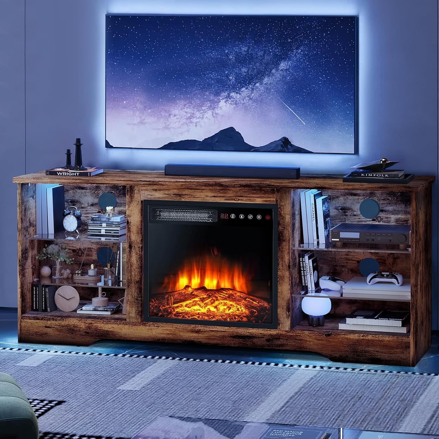 Brown MDF 58-Inch TV Stand with Electric Fireplace and LED Lights