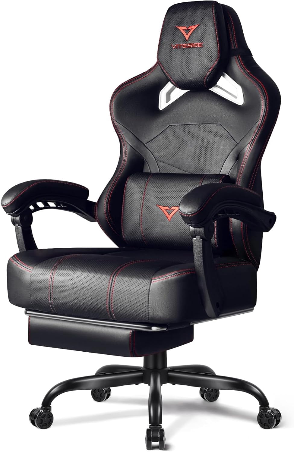 VITESSE Big and Tall Gaming Chair 400lb Weight Capacity with Footrest, Ergonomic Video Game Chair for Adults with Oversized Headrest and Lumbar Pillow, Computer Chair Gaming for Office (Black+Red)