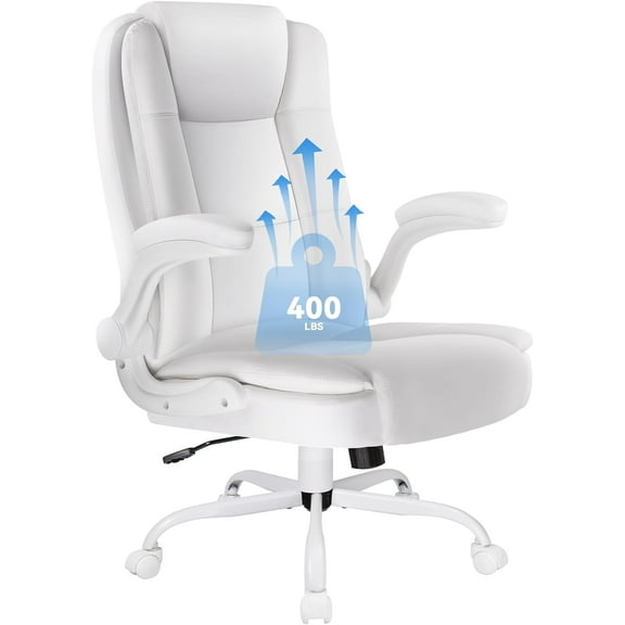 VITESSE Ergonomic Office Chair with Flip-up Armrests, Big and Tall Leather Executive Office Chair, High Back Lumbar Support Home Computer Desk Chair, Heavy and Duty Computer Chair (White)