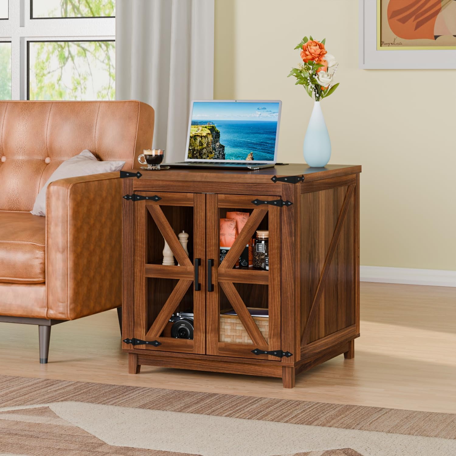 Farmhouse End Table With Storage - 24" Square, Rustic Barn Door, White Side Table For Living Room Or Bedroom